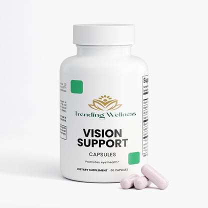 Vision support capsules bottle with pills on a white background