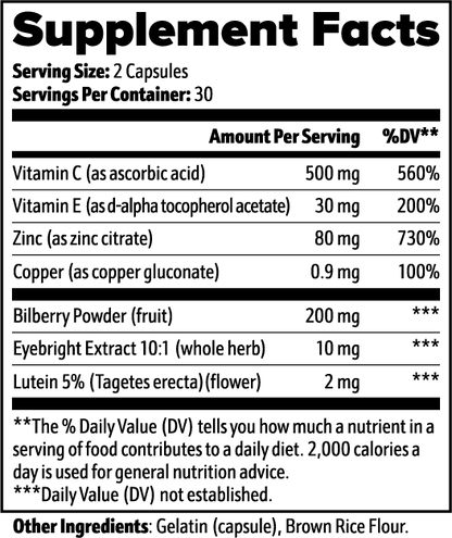 Supplement facts label with various vitamins and minerals listed
