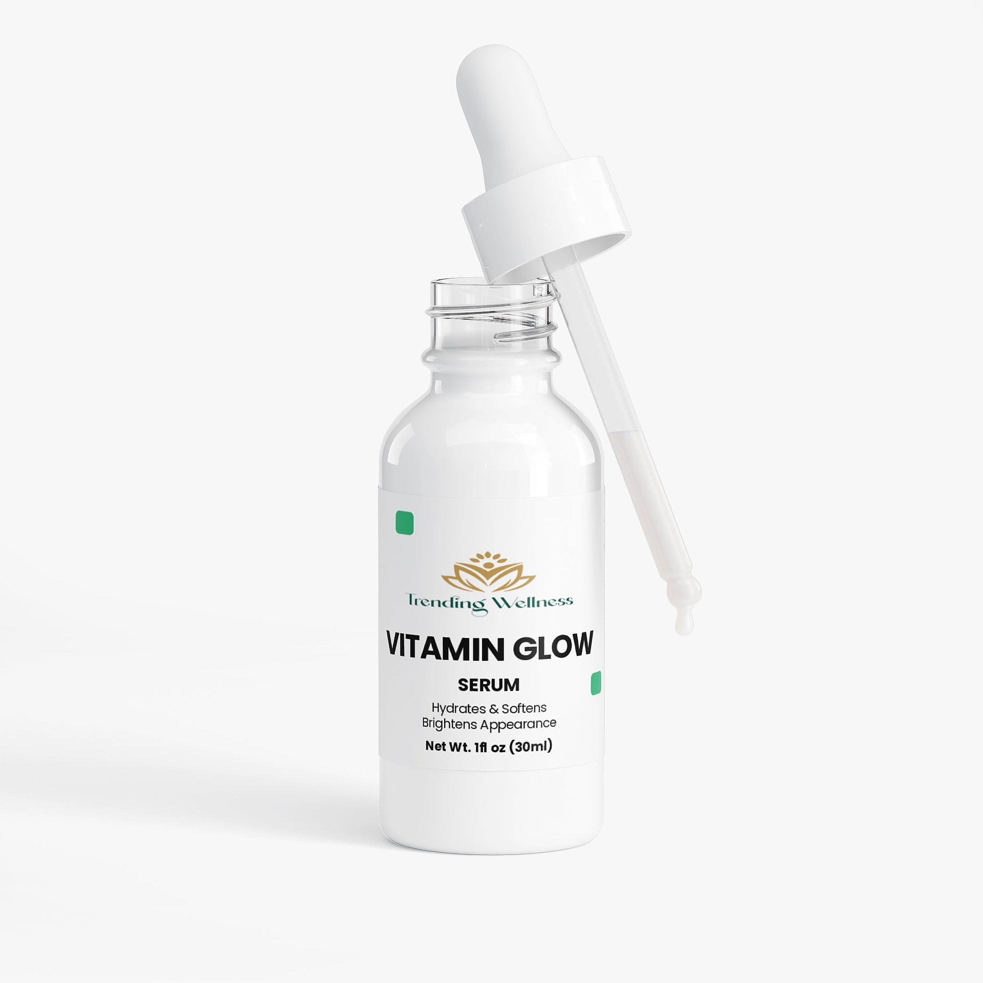 Vitamin Glow serum bottle with dropper on a white background