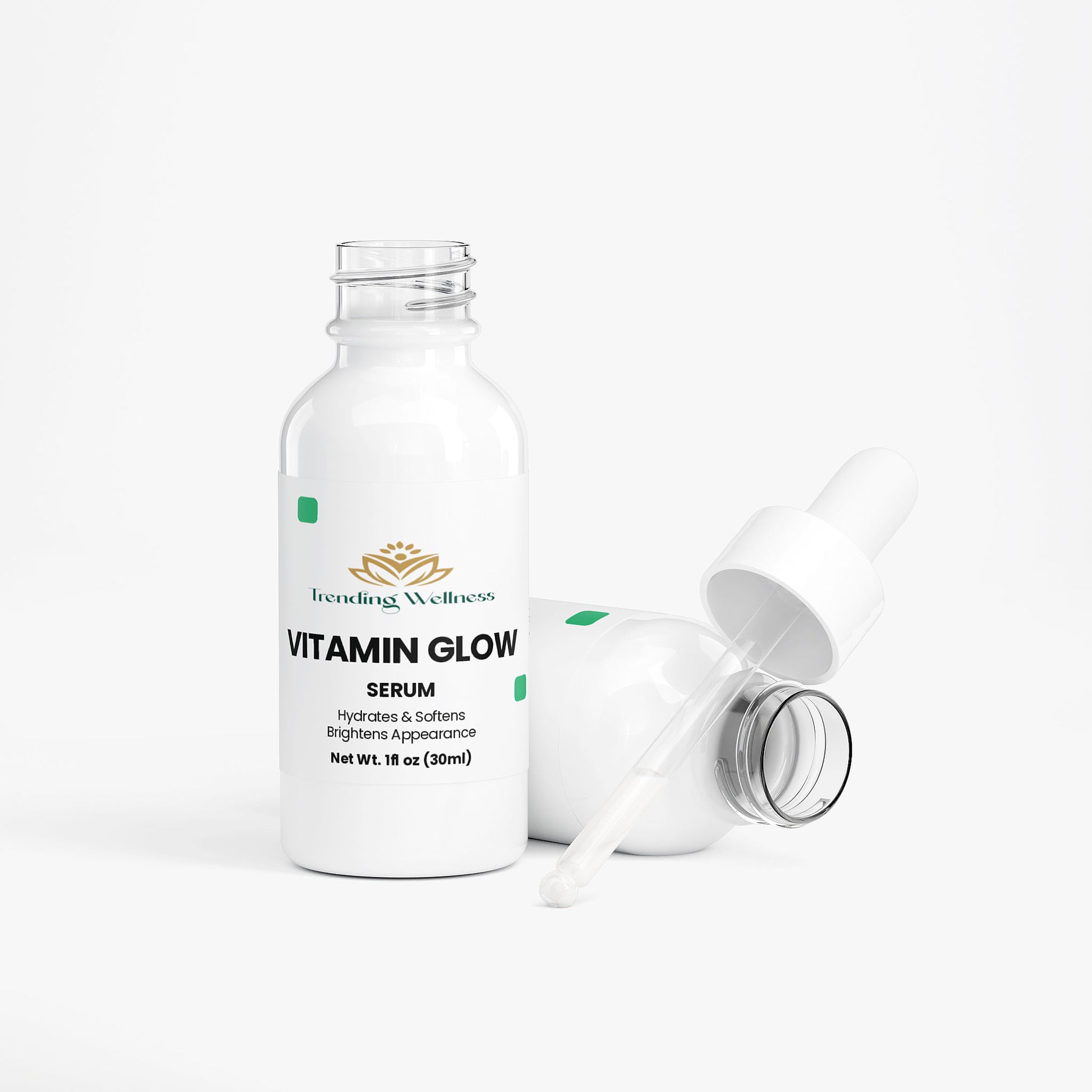 Vitamin Glow serum bottle with dropper on a white background